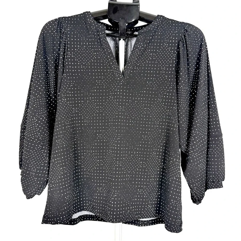 Banana Republic Blouse Women‎ Medium Black Polka Dot V-Neck Puff Sleeve